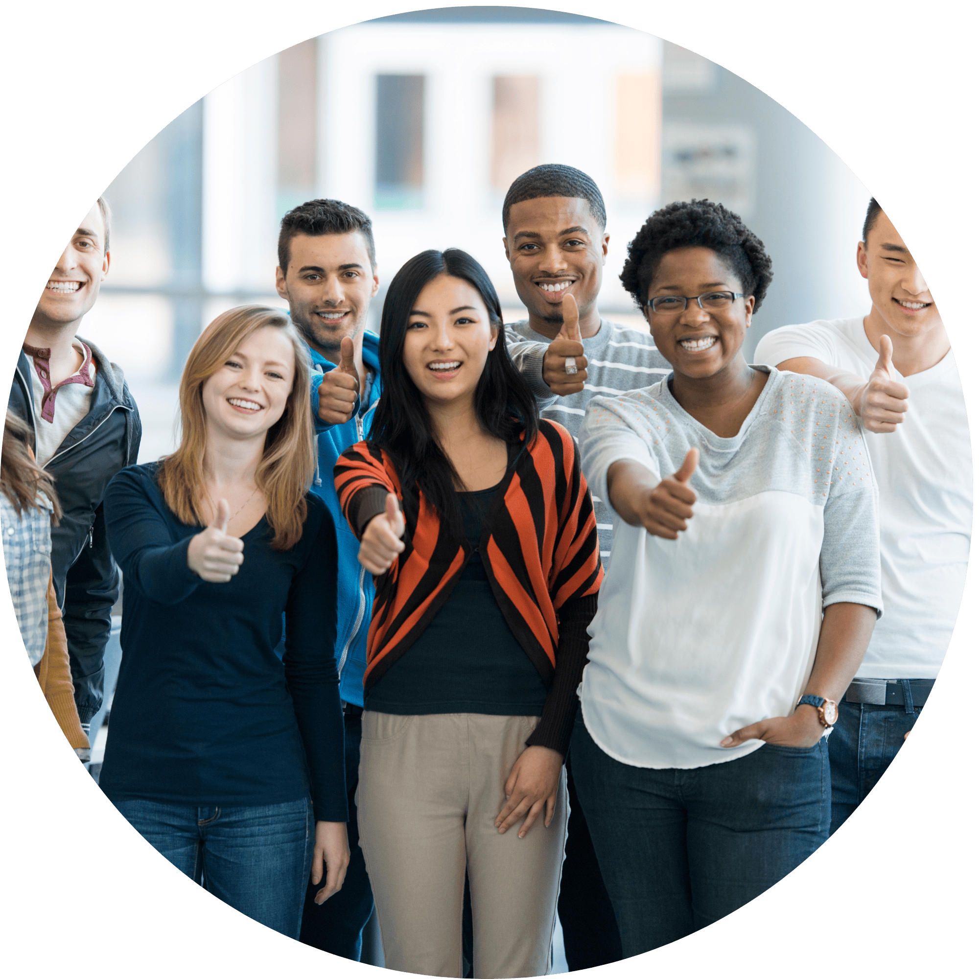 Image of college students thriving, smiling, and giving a thumbs up sign